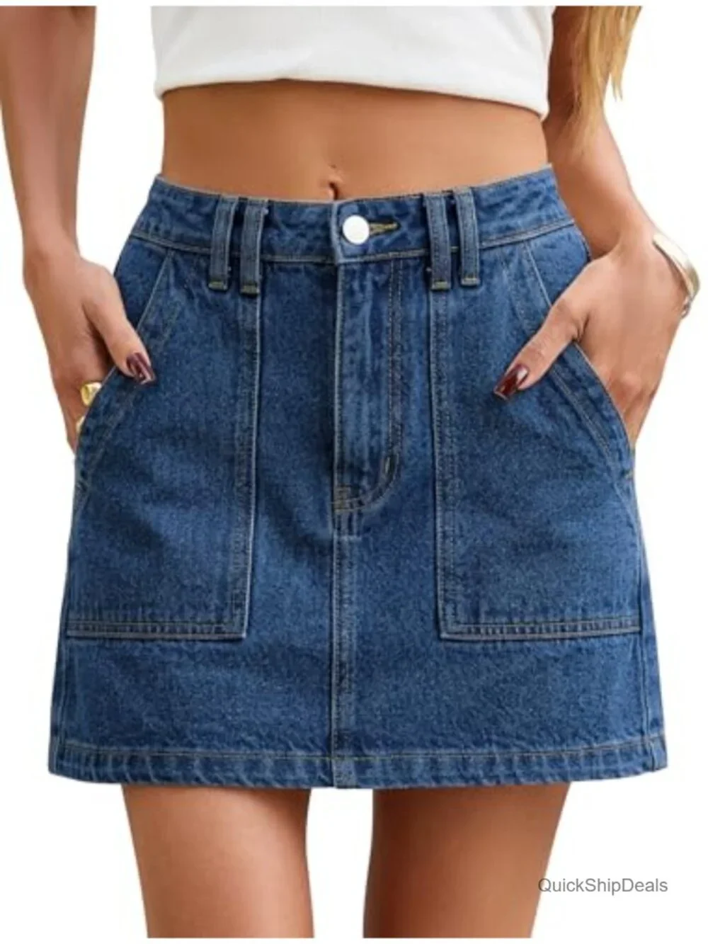 High Waisted Mini Skirt with Pockets Stretch Cotton Denim